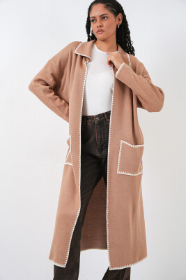 Kadın Uzun Oversize Triko Hırka 15962 - Camel - 4