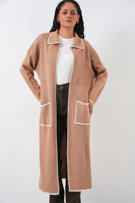 Kadın Uzun Oversize Triko Hırka 15962 - Camel - 5