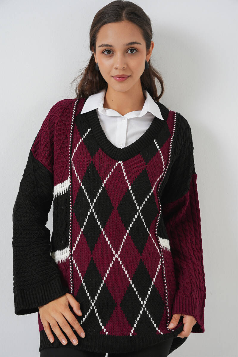 Kadın V Yaka Desenli Triko Kazak 15933 - Bordo - BİGDART