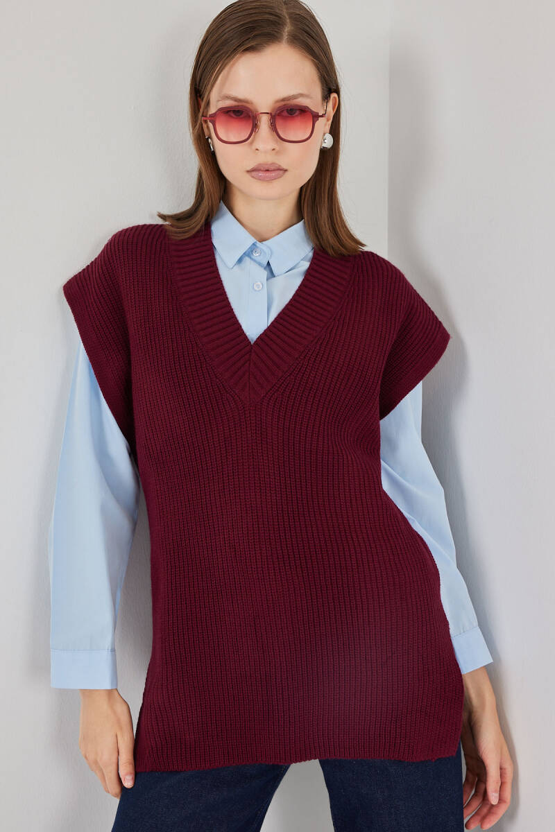 Kadın V Yaka Triko Süveter 15925 - Bordo - BİGDART