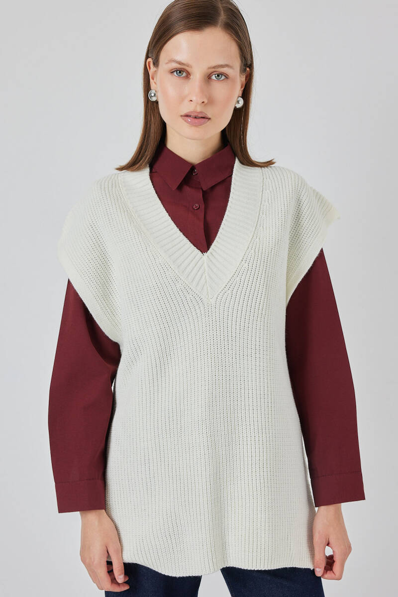 Kadın V Yaka Triko Süveter 15925 - Ekru - BİGDART