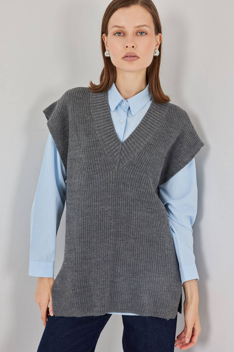 Kadın V Yaka Triko Süveter 15925 - Gri - BİGDART