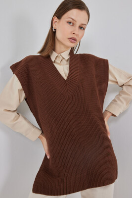 Kadın V Yaka Triko Süveter 15925 - Kahverengi - BİGDART