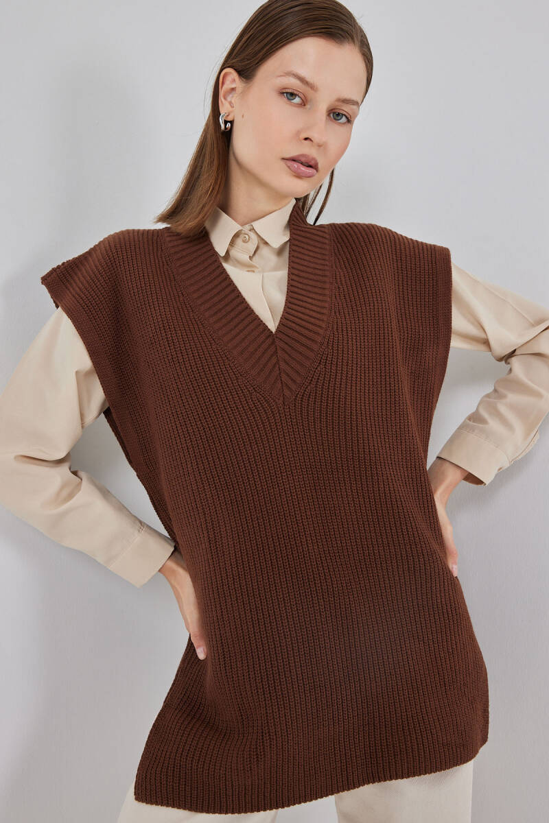 Kadın V Yaka Triko Süveter 15925 - Kahverengi - BİGDART