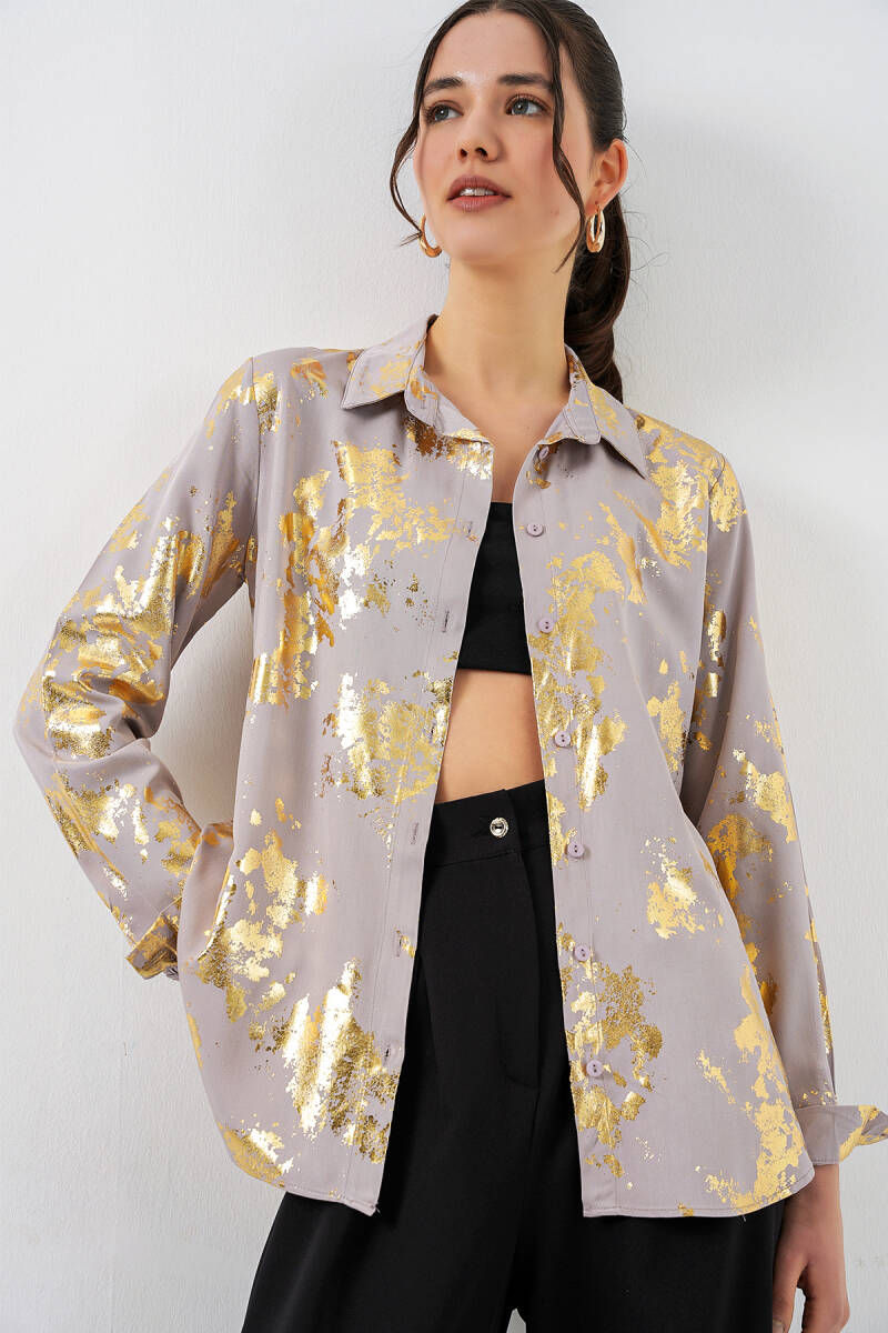 Kadın Varak Desenli Gömlek 20253 - Altın Sarısı - BİGDART