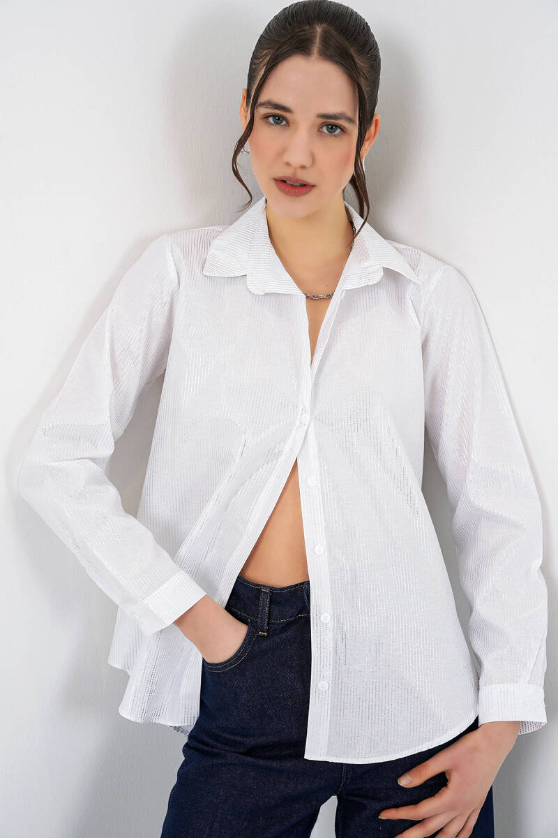 Kadın Varak Desenli Gömlek 20253 - B.Beyaz - BİGDART