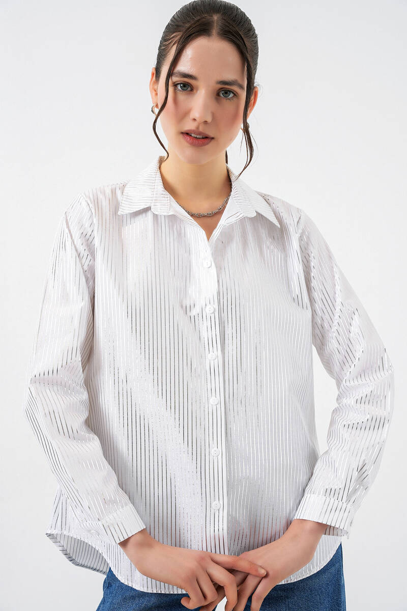 Kadın Varak Desenli Gömlek 20253 - B.Gümüş - BİGDART