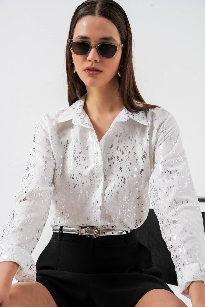 Kadın Varak Desenli Gömlek 20253 - Düz Beyaz - BİGDART