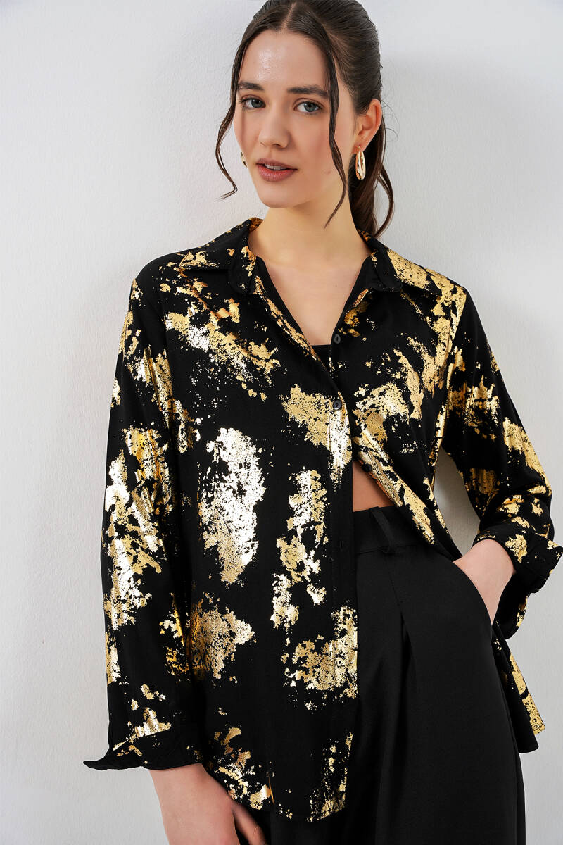 Kadın Varak Desenli Gömlek 20253 - G. Siyah - BİGDART