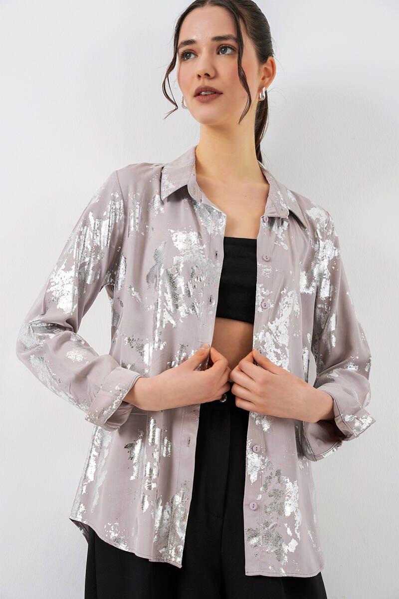 Kadın Varak Desenli Gömlek 20253 - Gümüş - BİGDART