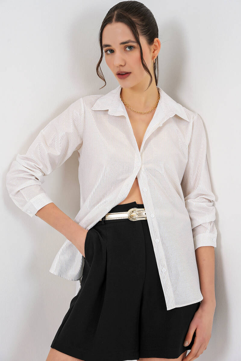 Kadın Varak Desenli Gömlek 20253 - H. Beyaz - BİGDART