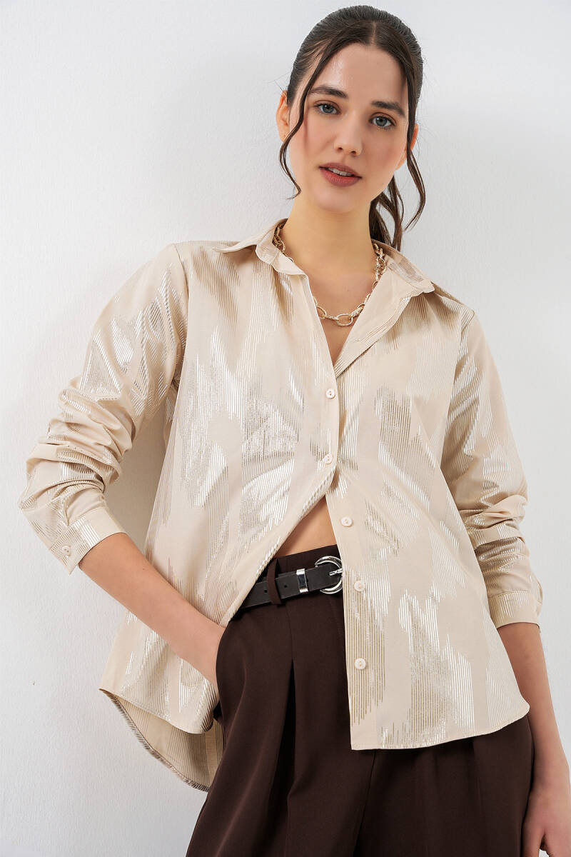 Kadın Varak Desenli Gömlek 20253 - M. Krem - BİGDART