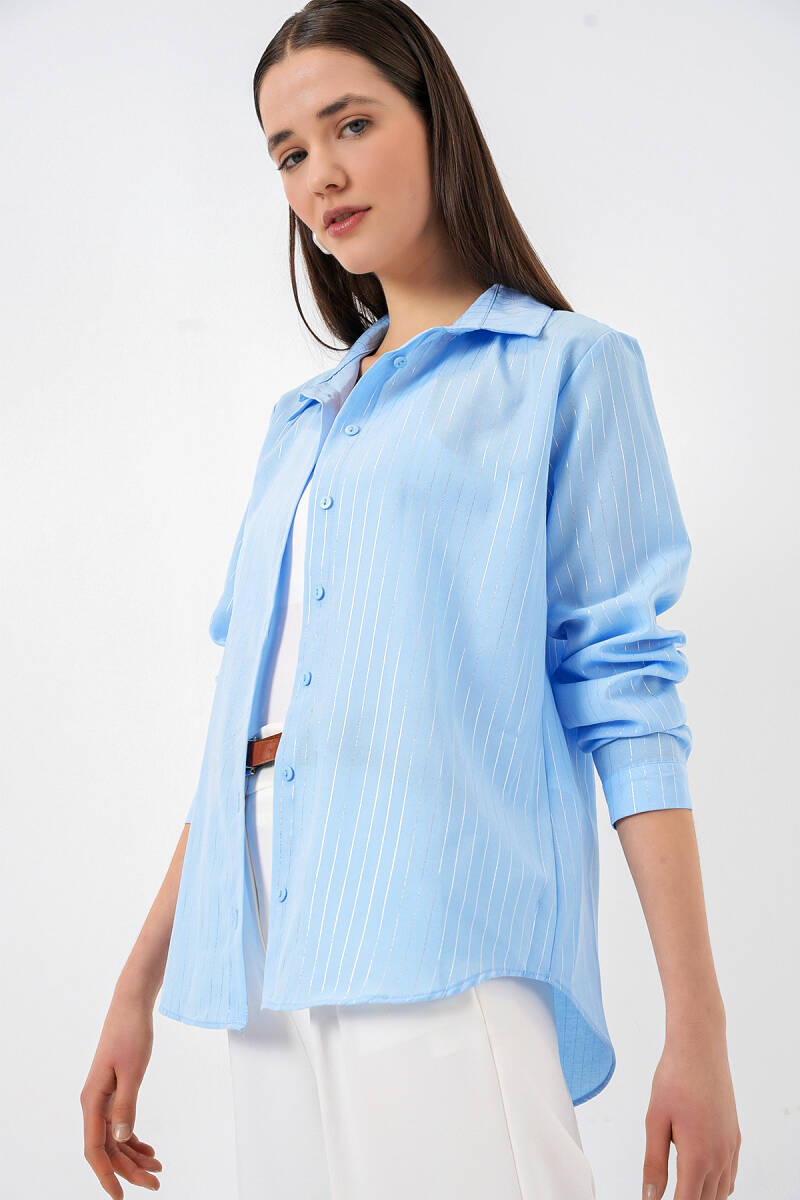 Kadın Varak Desenli Gömlek 20253 - Mavi - BİGDART