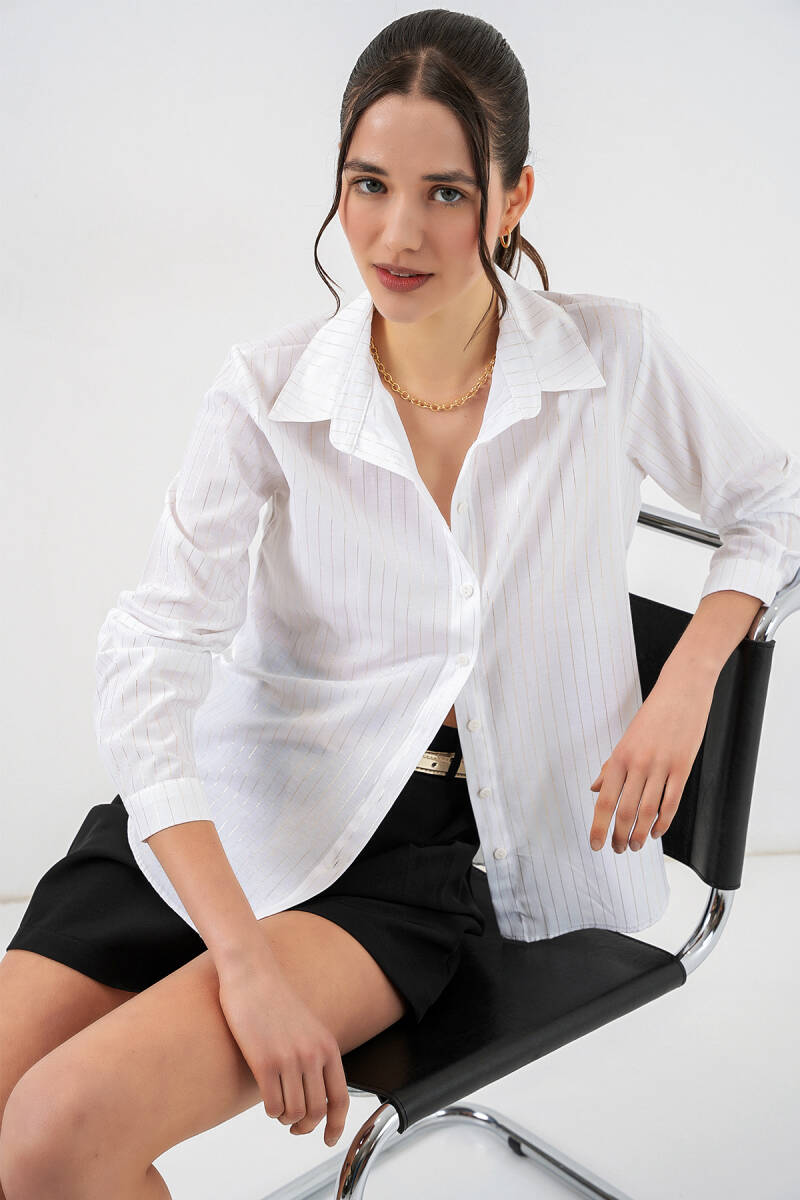 Kadın Varak Desenli Gömlek 20253 - P. Beyaz - BİGDART