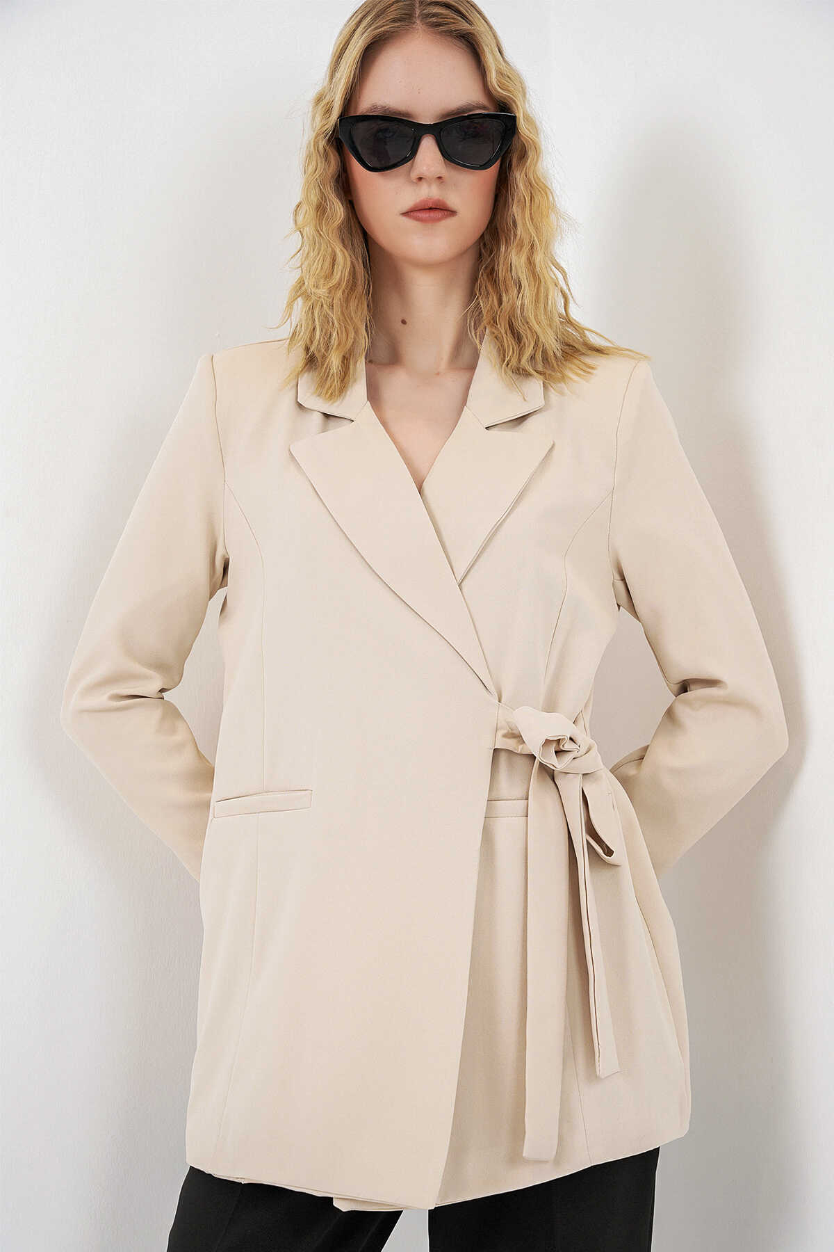 Kadın Yandan Bağlamalı Blazer Ceket 0750 - Bej - 4