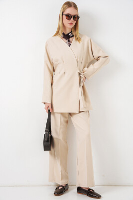 Kadın Yandan Bağlamalı Ceket Pantolon İkili Takım 30099 - Krem - BİGDART