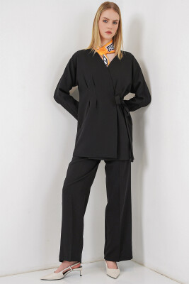 Kadın Yandan Bağlamalı Ceket Pantolon İkili Takım 30099 - Siyah - BİGDART