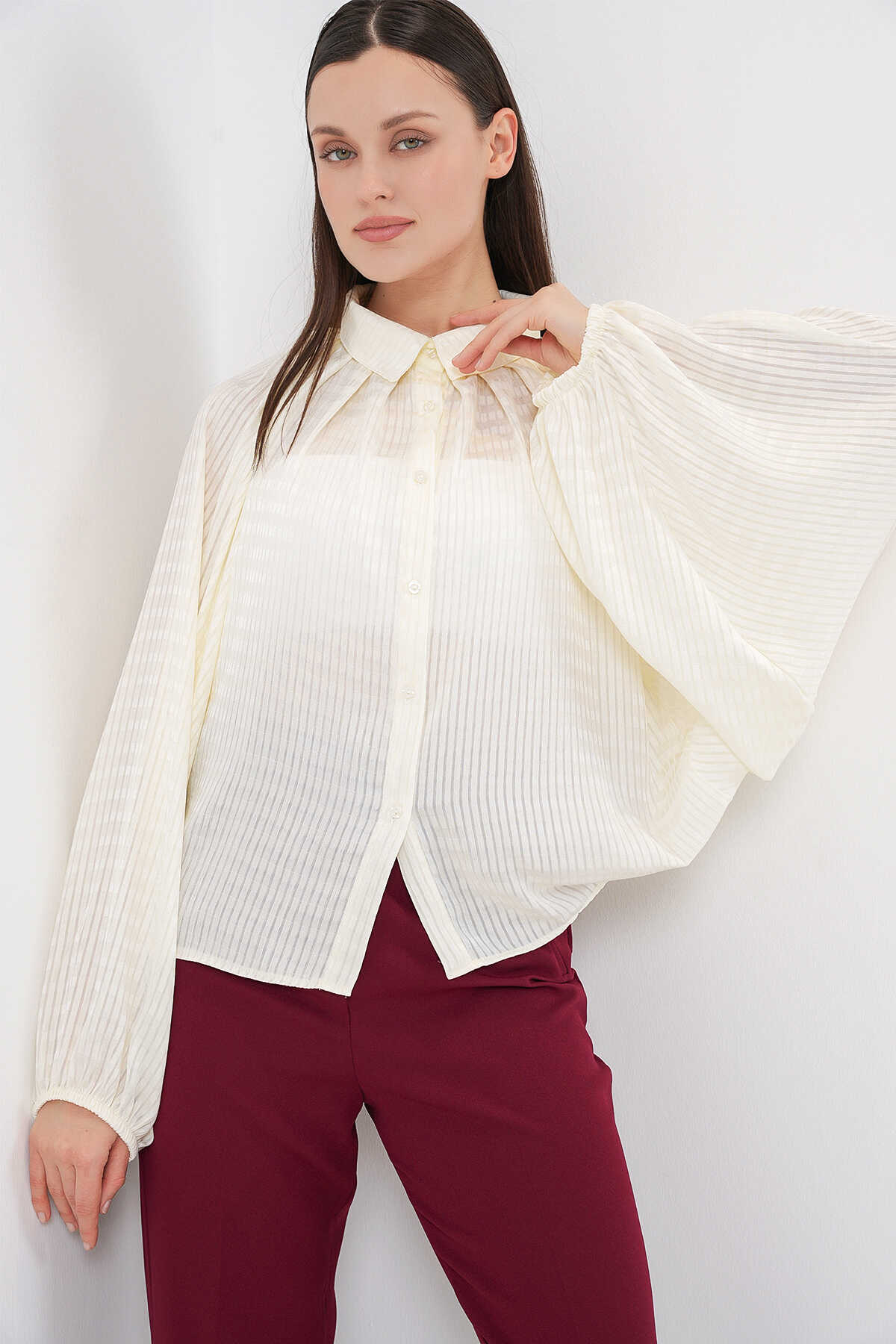 Kadın Yarasa Kol Oversize Gömlek 20368 - Ekru - BİGDART