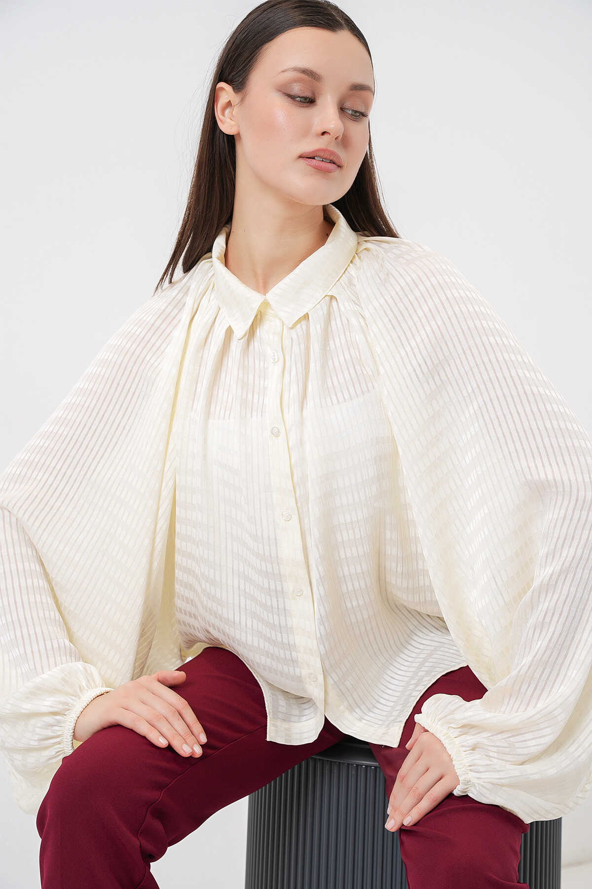 Kadın Yarasa Kol Oversize Gömlek 20368 - Ekru - 2