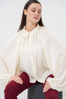 Kadın Yarasa Kol Oversize Gömlek 20368 - Ekru - 2
