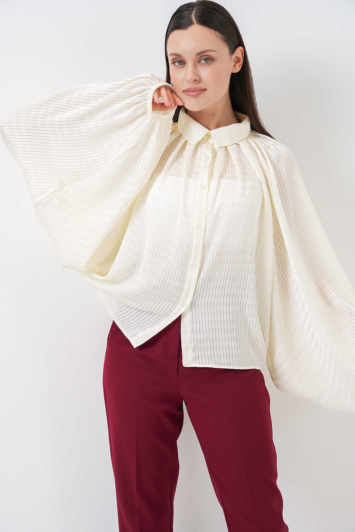 Kadın Yarasa Kol Oversize Gömlek 20368 - Ekru - 4