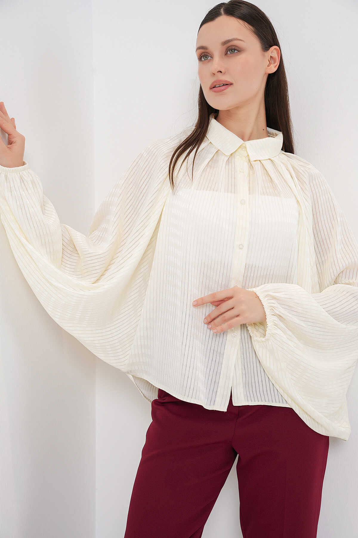 Kadın Yarasa Kol Oversize Gömlek 20368 - Ekru - 5
