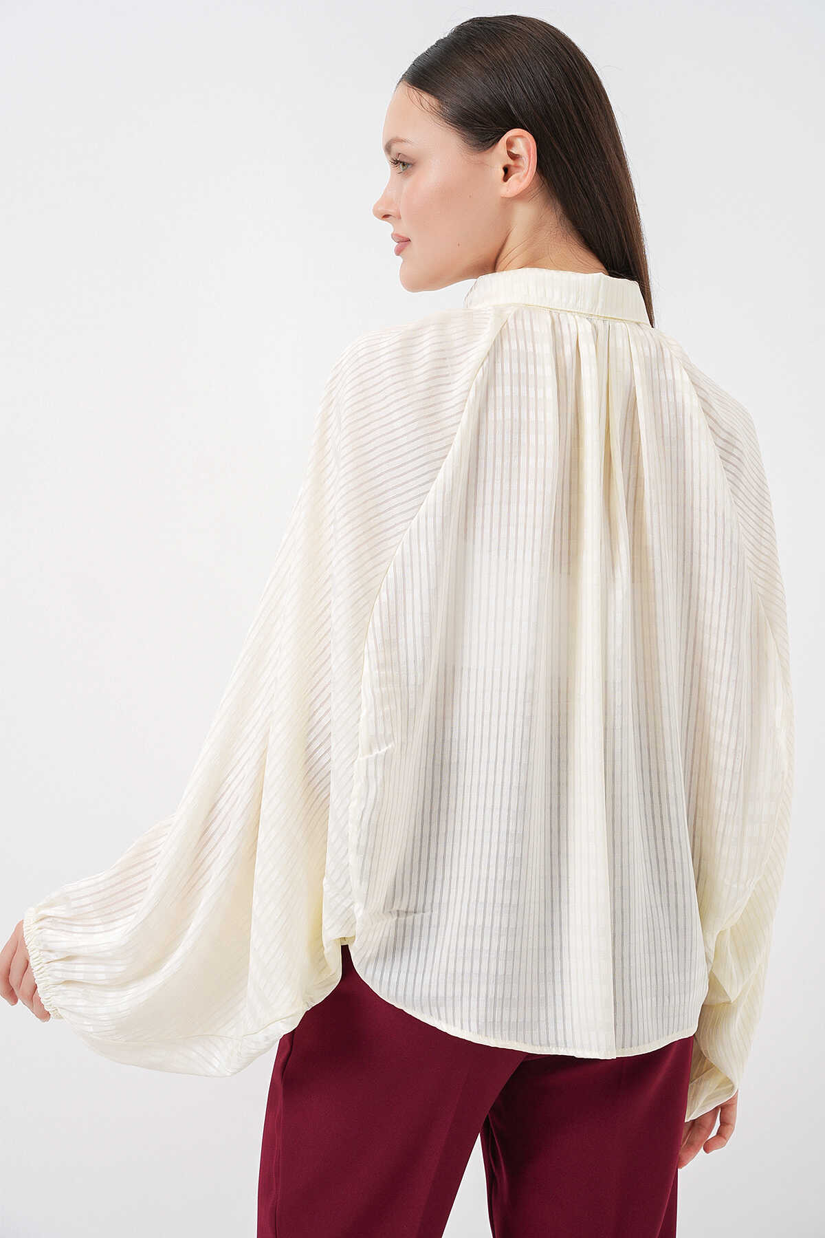 Kadın Yarasa Kol Oversize Gömlek 20368 - Ekru - 7