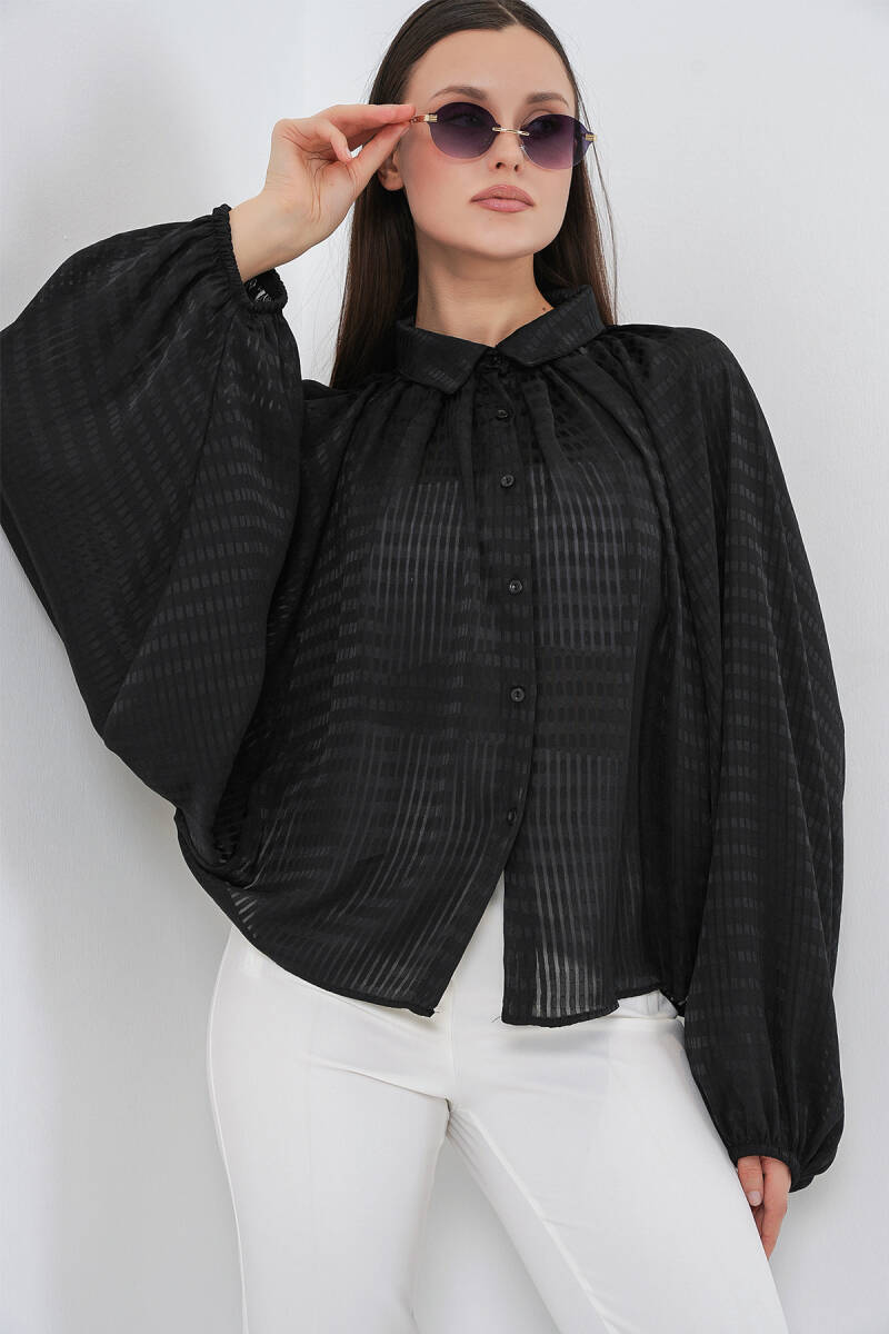 Kadın Yarasa Kol Oversize Gömlek 20368 - Siyah - BİGDART