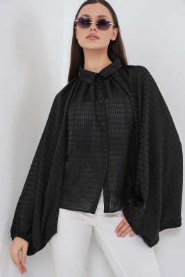 Kadın Yarasa Kol Oversize Gömlek 20368 - Siyah - 4