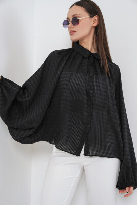 Kadın Yarasa Kol Oversize Gömlek 20368 - Siyah - 5