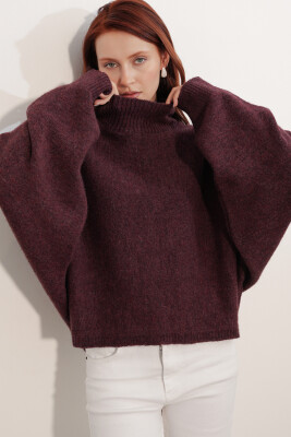 Kadın Yarasa Kol Oversize Triko Kazak 15969 - Bordo - 1