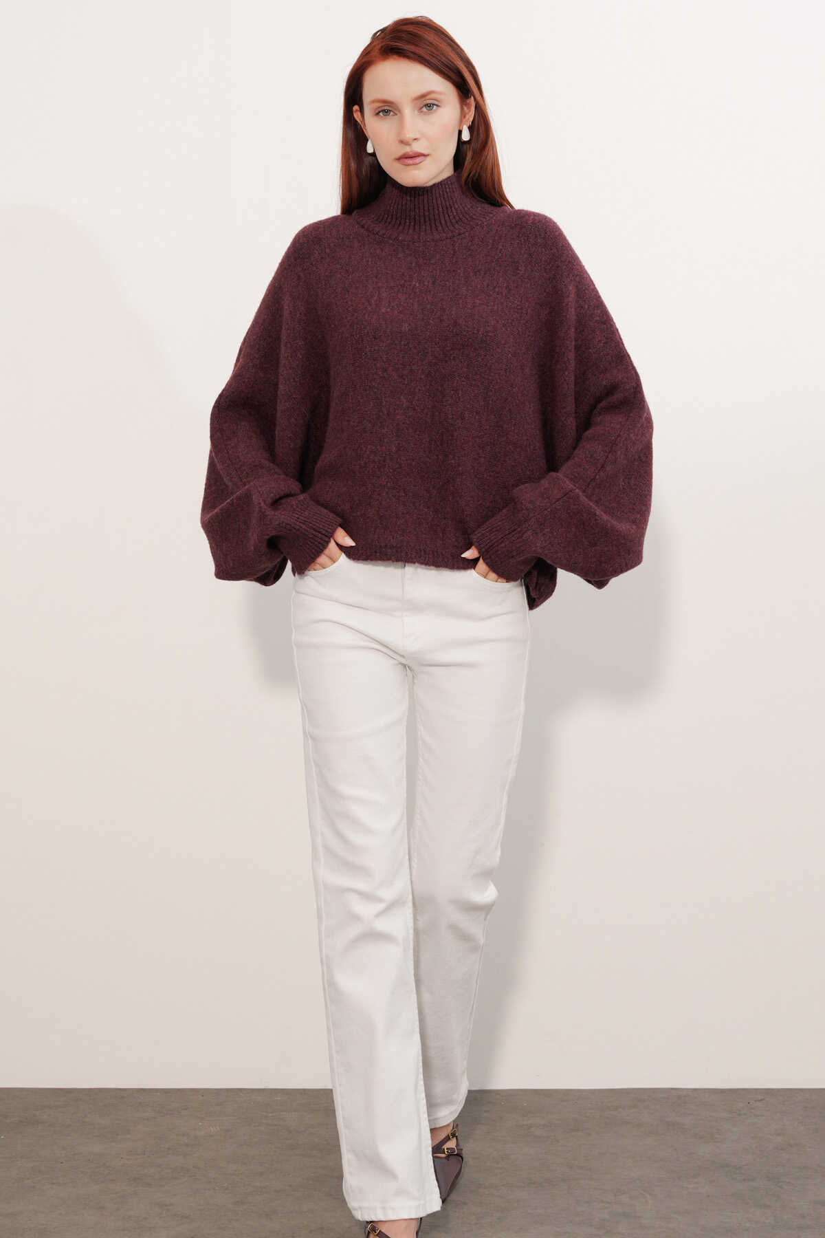 Kadın Yarasa Kol Oversize Triko Kazak 15969 - Bordo - 2