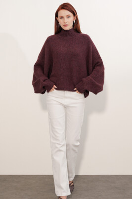 Kadın Yarasa Kol Oversize Triko Kazak 15969 - Bordo - 2