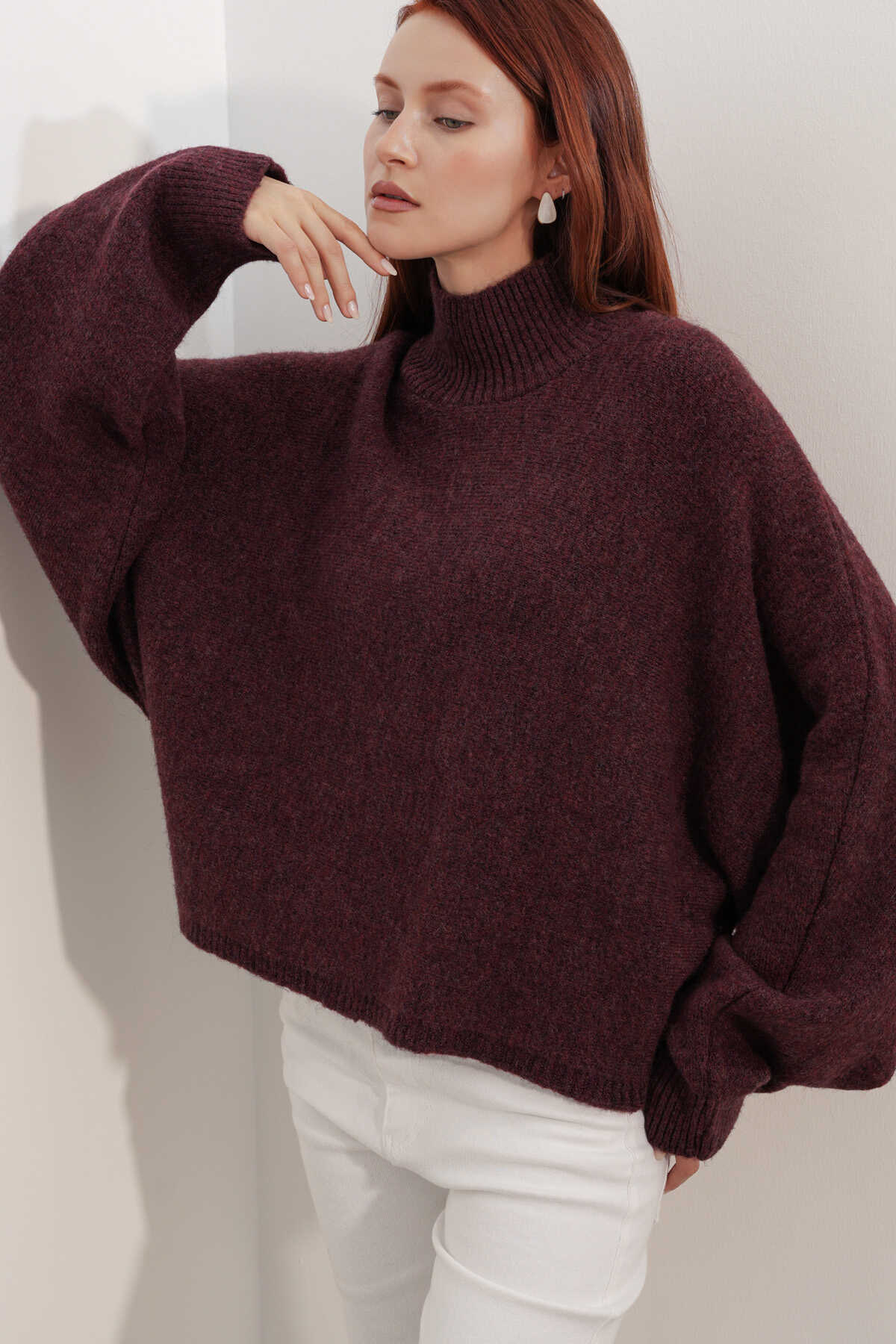Kadın Yarasa Kol Oversize Triko Kazak 15969 - Bordo - 3