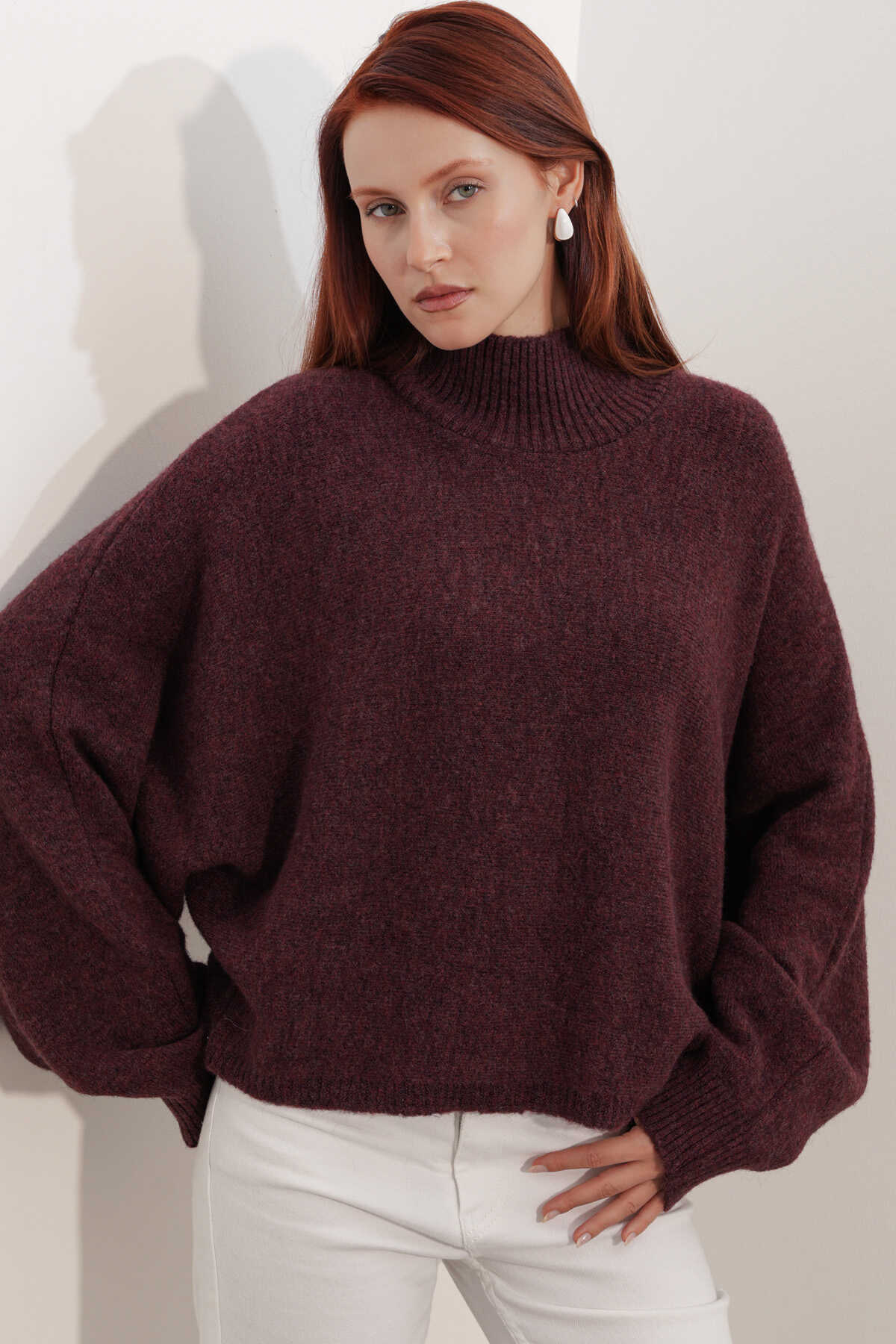 Kadın Yarasa Kol Oversize Triko Kazak 15969 - Bordo - 4