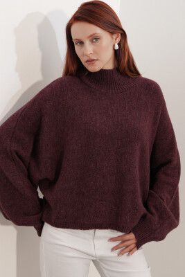 Kadın Yarasa Kol Oversize Triko Kazak 15969 - Bordo - 4