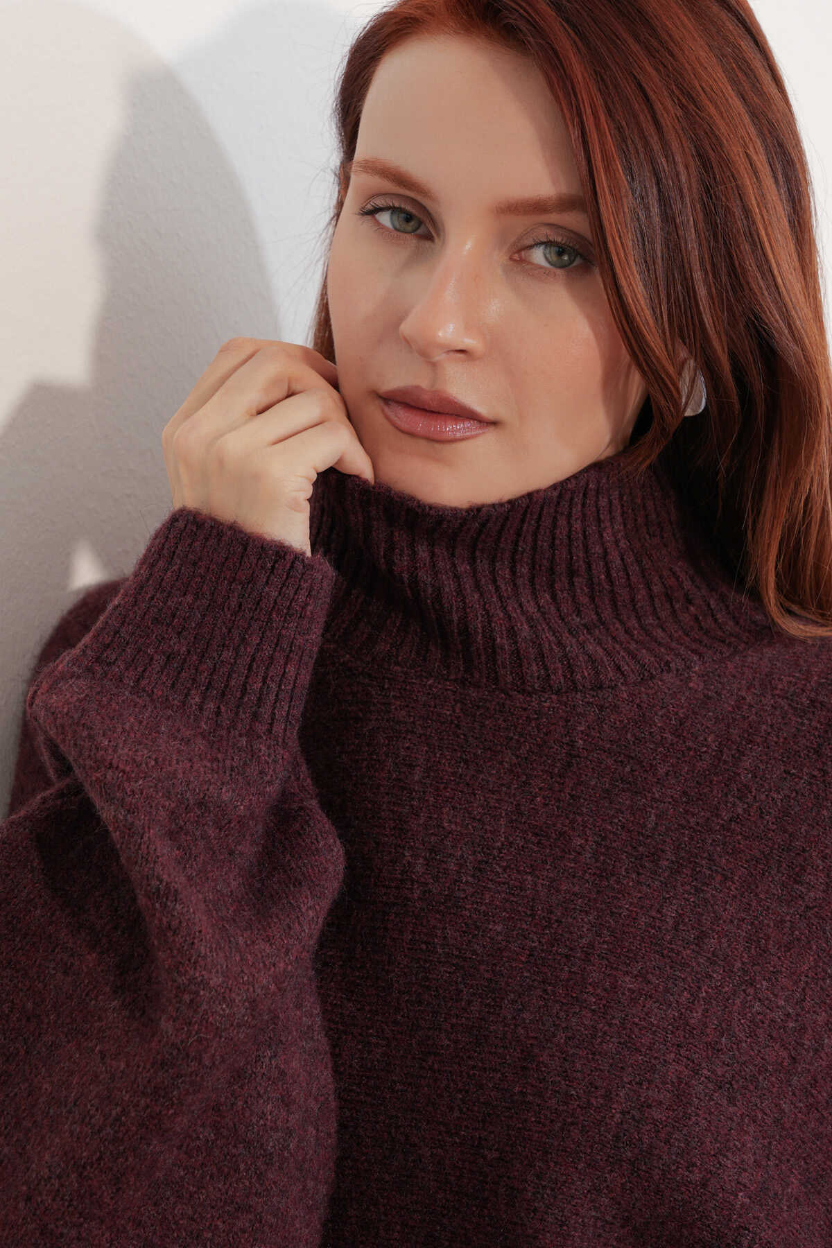 Kadın Yarasa Kol Oversize Triko Kazak 15969 - Bordo - 5