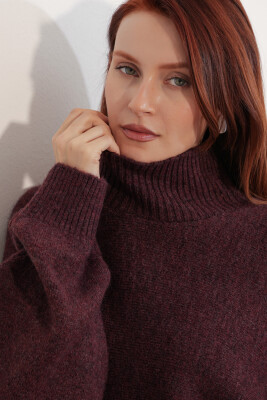 Kadın Yarasa Kol Oversize Triko Kazak 15969 - Bordo - 5