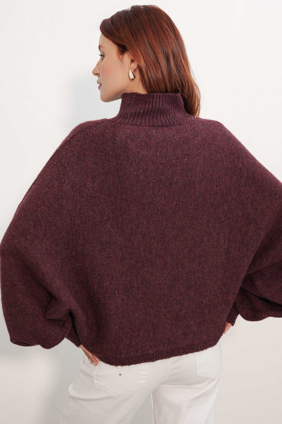 Kadın Yarasa Kol Oversize Triko Kazak 15969 - Bordo - 6