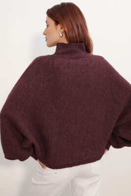 Kadın Yarasa Kol Oversize Triko Kazak 15969 - Bordo - 6
