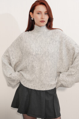 Kadın Yarasa Kol Oversize Triko Kazak 15969 - Ekru - 3