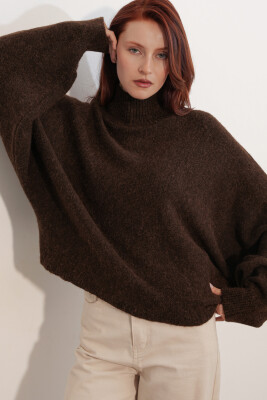 Kadın Yarasa Kol Oversize Triko Kazak 15969 - Kahverengi - 1