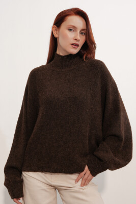 Kadın Yarasa Kol Oversize Triko Kazak 15969 - Kahverengi - 3