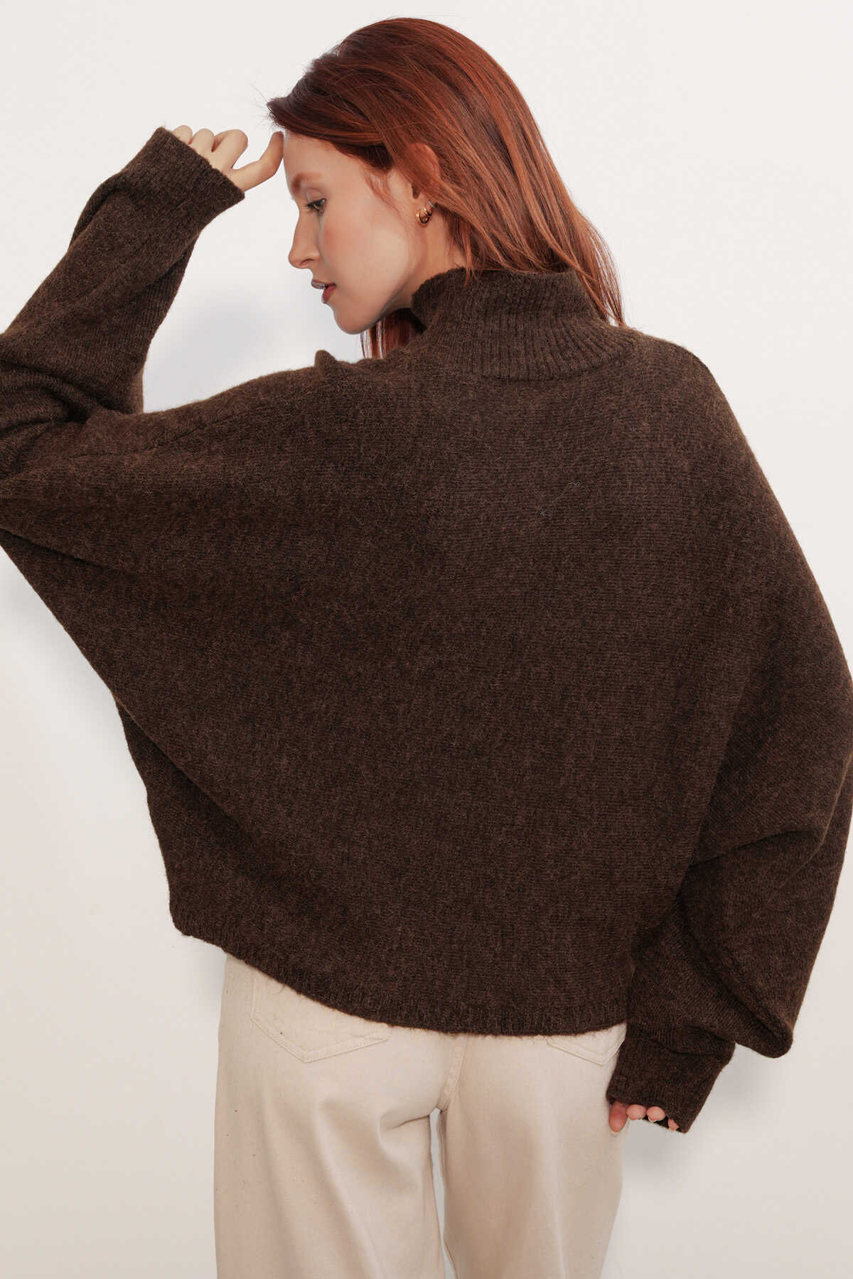 Kadın Yarasa Kol Oversize Triko Kazak 15969 - Kahverengi - 6