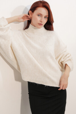 Kadın Yarasa Kol Oversize Triko Kazak 15969 - Krem - 4