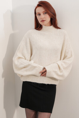 Kadın Yarasa Kol Oversize Triko Kazak 15969 - Krem - 5
