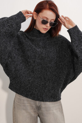 Kadın Yarasa Kol Oversize Triko Kazak 15969 - Siyah - 1
