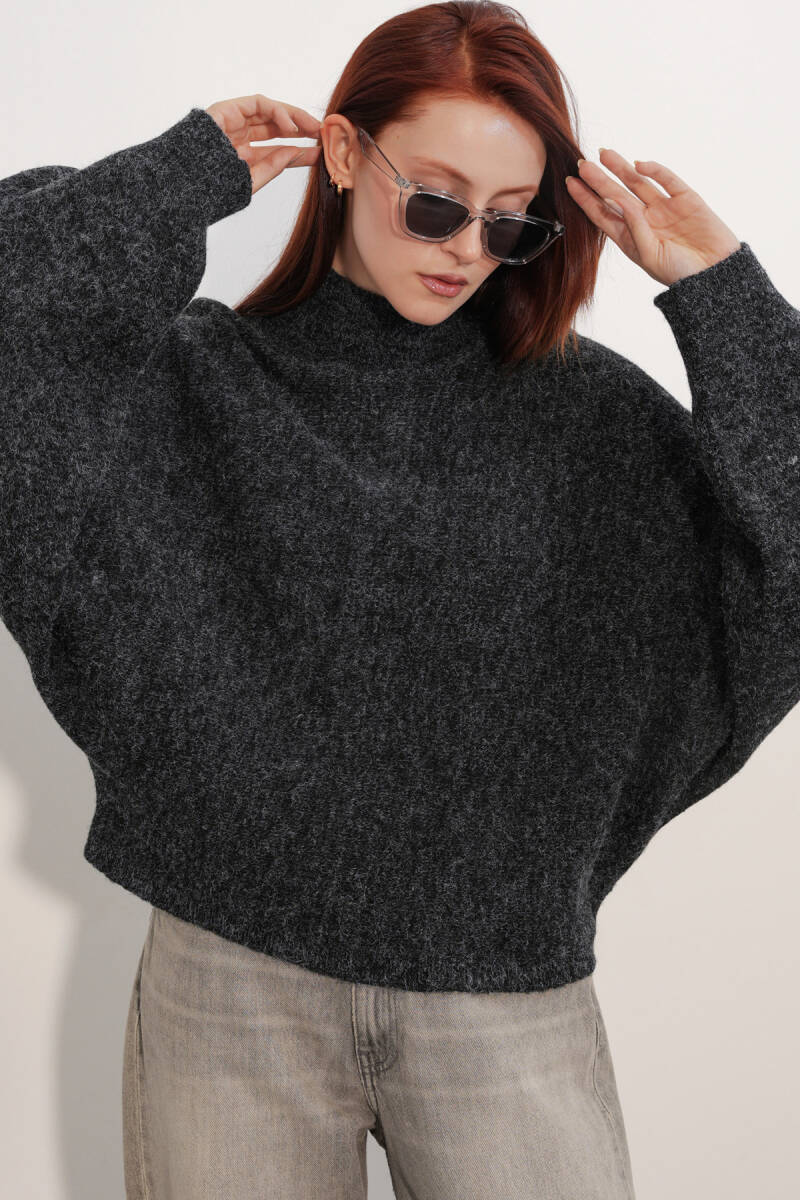 Kadın Yarasa Kol Oversize Triko Kazak 15969 - Siyah