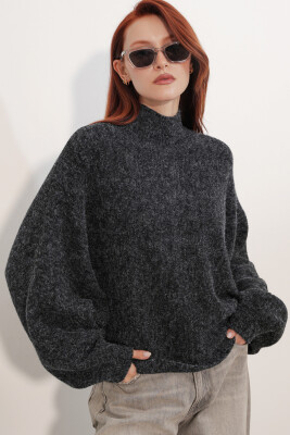 Kadın Yarasa Kol Oversize Triko Kazak 15969 - Siyah - 3