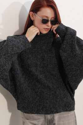 Kadın Yarasa Kol Oversize Triko Kazak 15969 - Siyah - 5